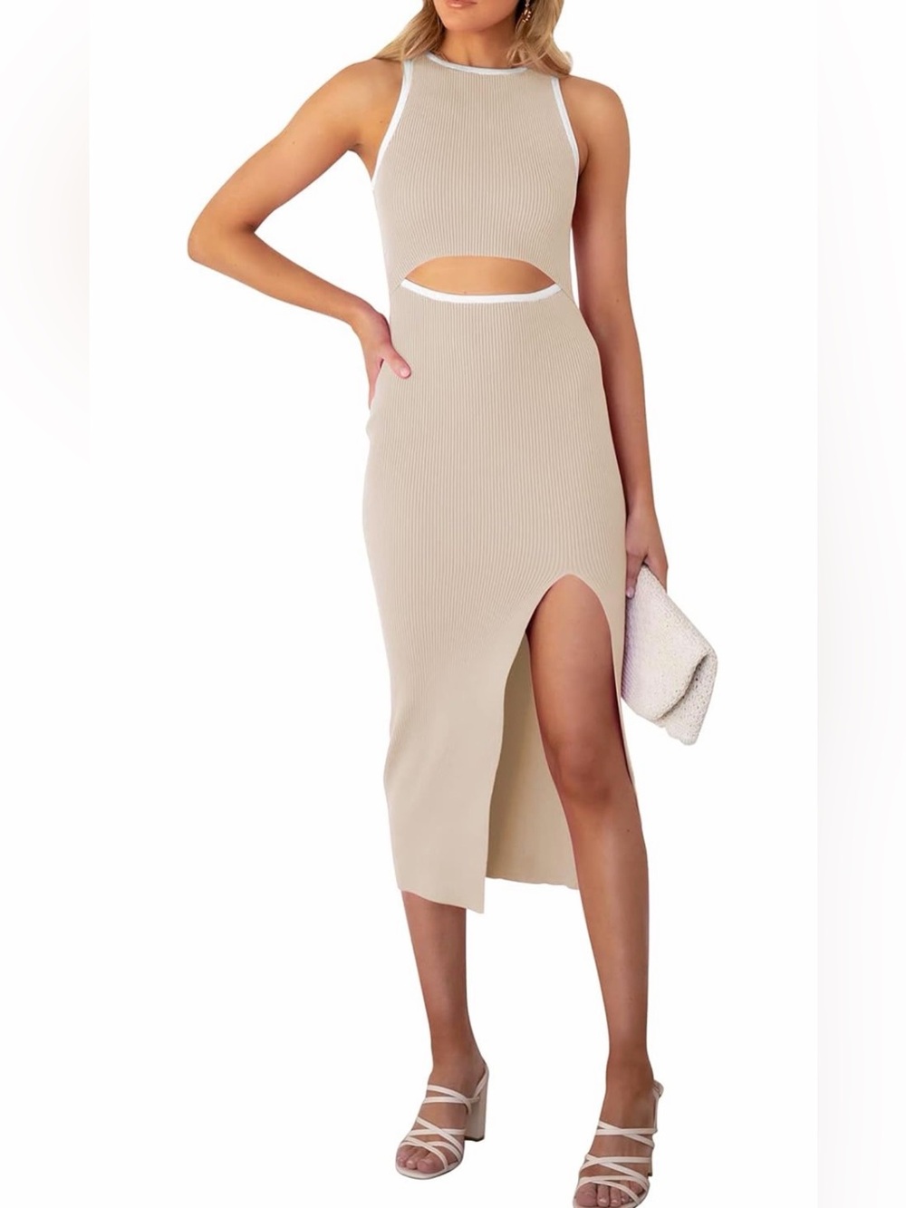 Beige Cutout Ribbed knit Midi Dress